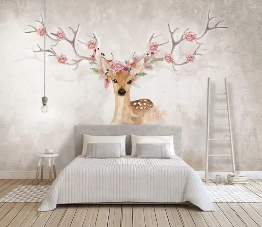 Murale Cerf avec fleurs sur les bois u04671