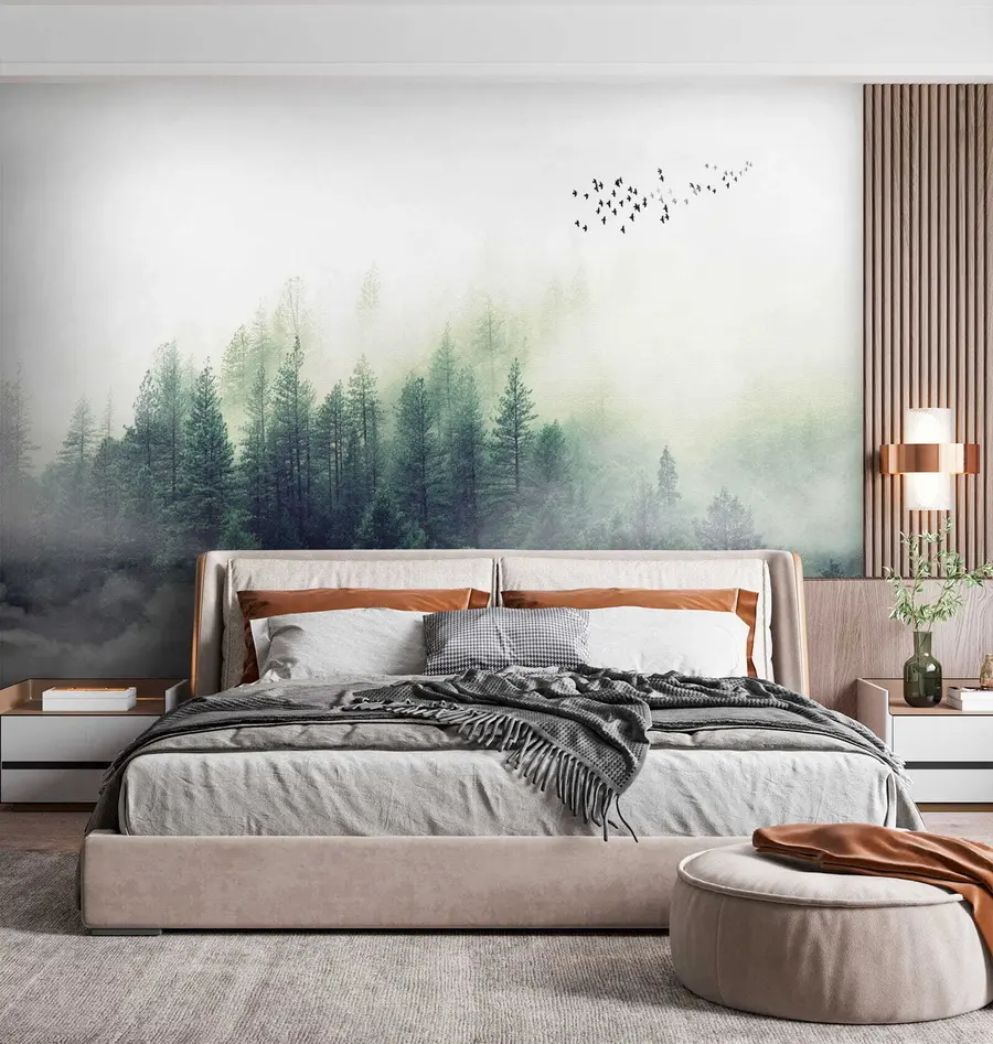 Fototapete Wald und Vögel im Nebel u10882