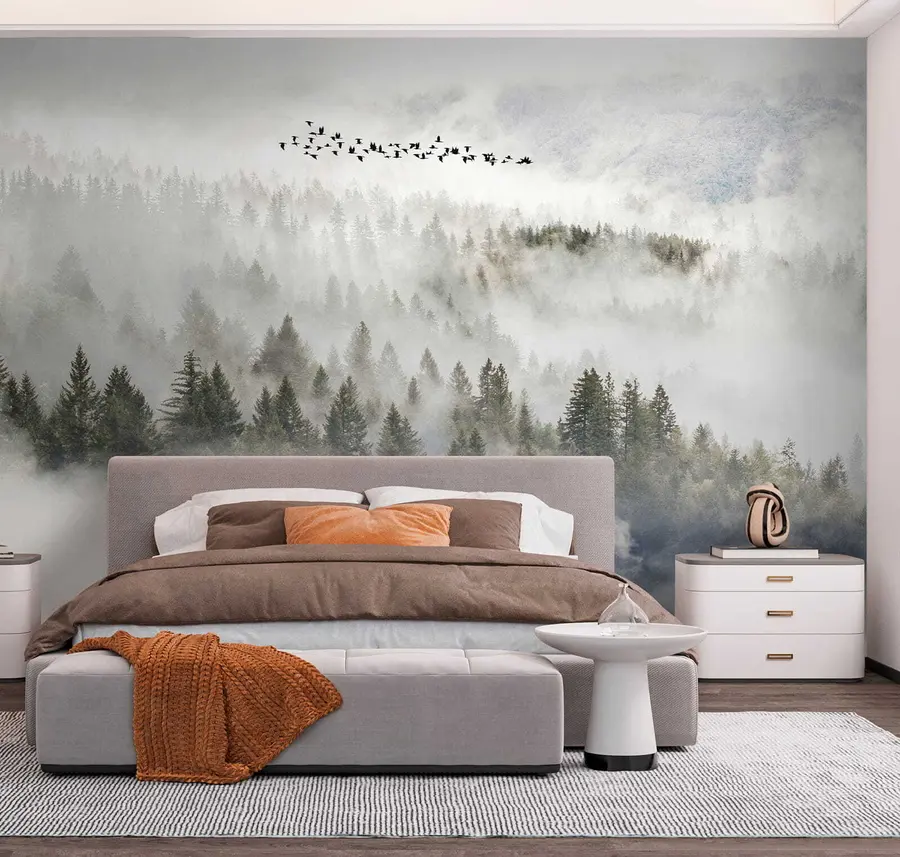 Murale Forêt nuageuse et oiseaux u13823