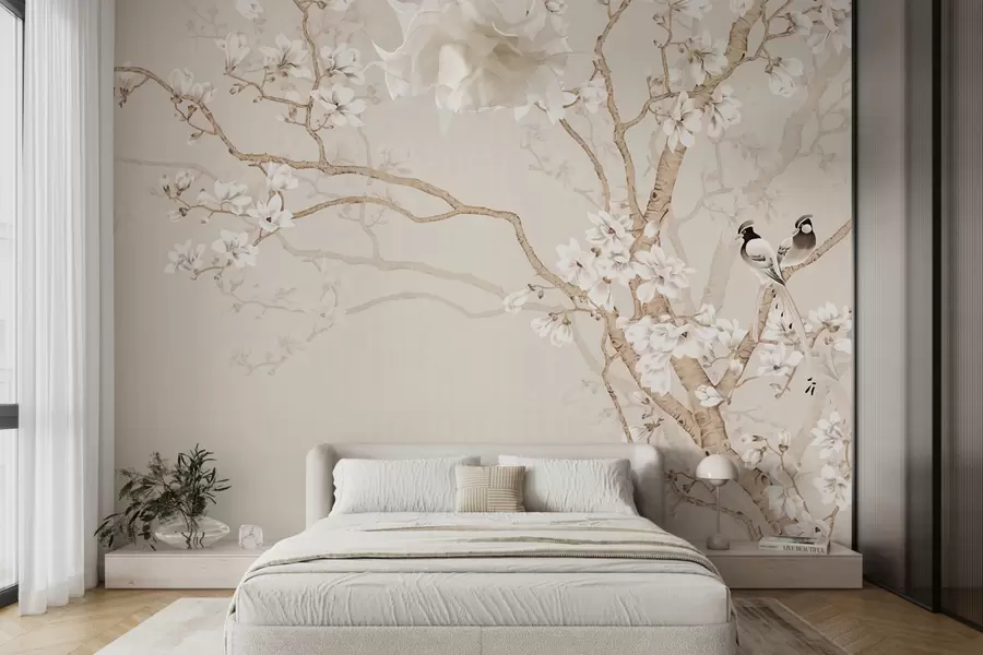 Murale Arbre en fleurs et oiseaux u25842