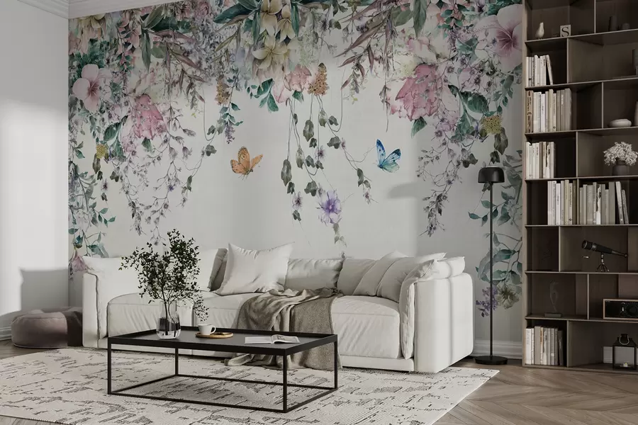 fototapeter Eksotiske blomster og sommerfugle u30601