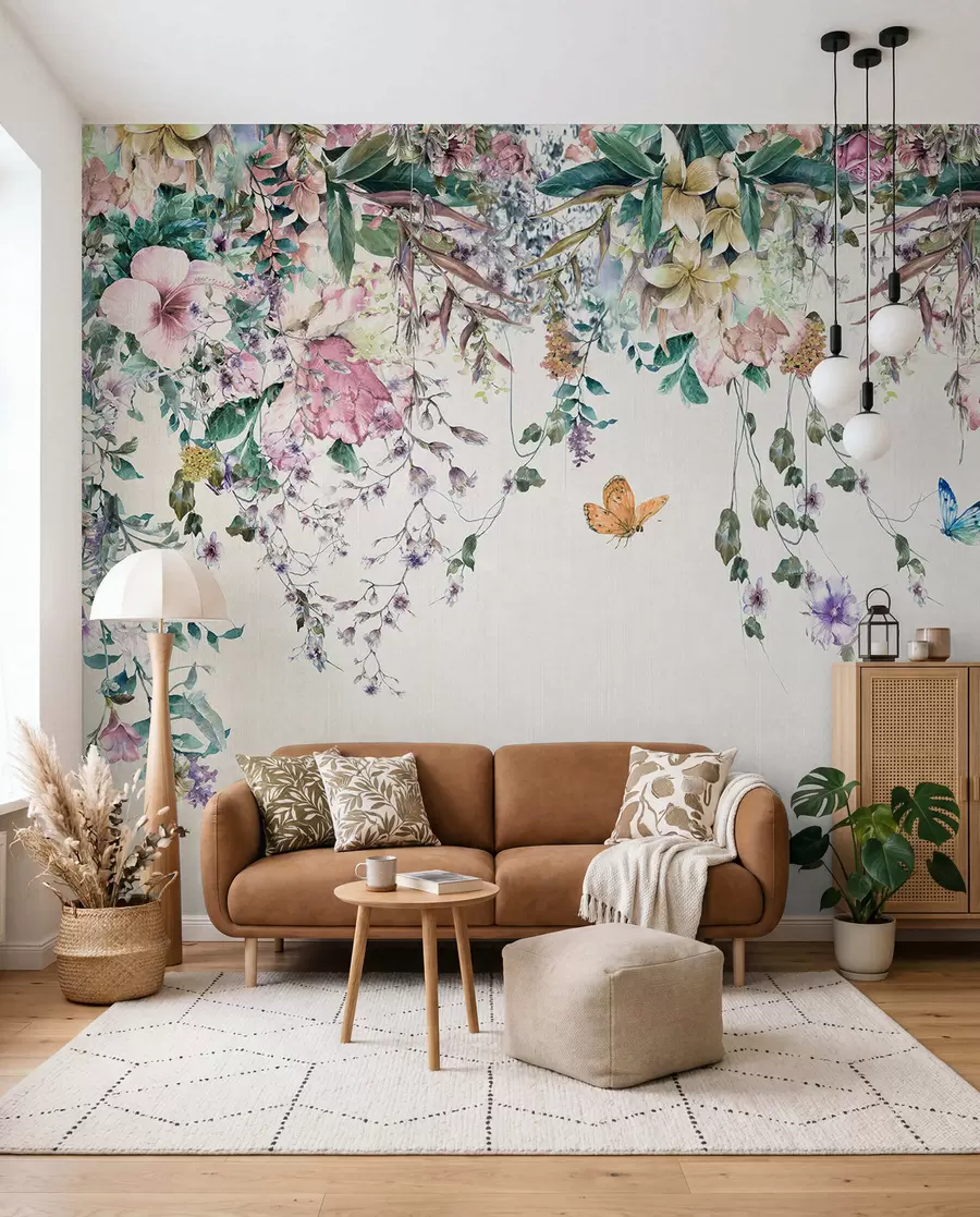 fototapeter Eksotiske blomster og sommerfugle u30601
