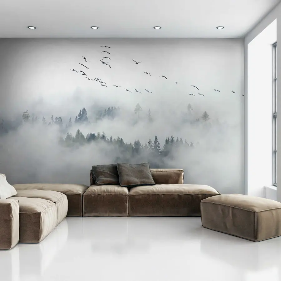 Murale Forêt nuageuse et oiseaux u32480