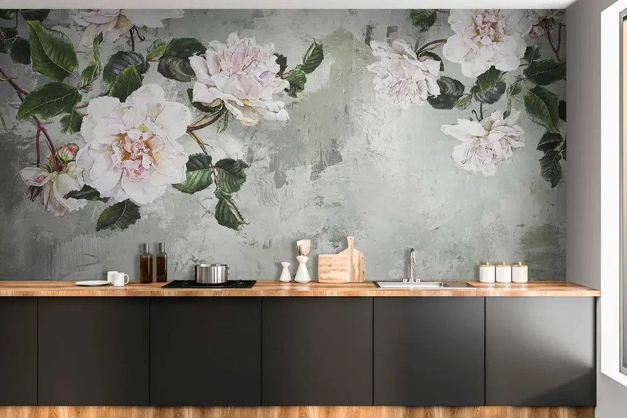 Murale Branches en fleurs sur fond de mur miteux u37301