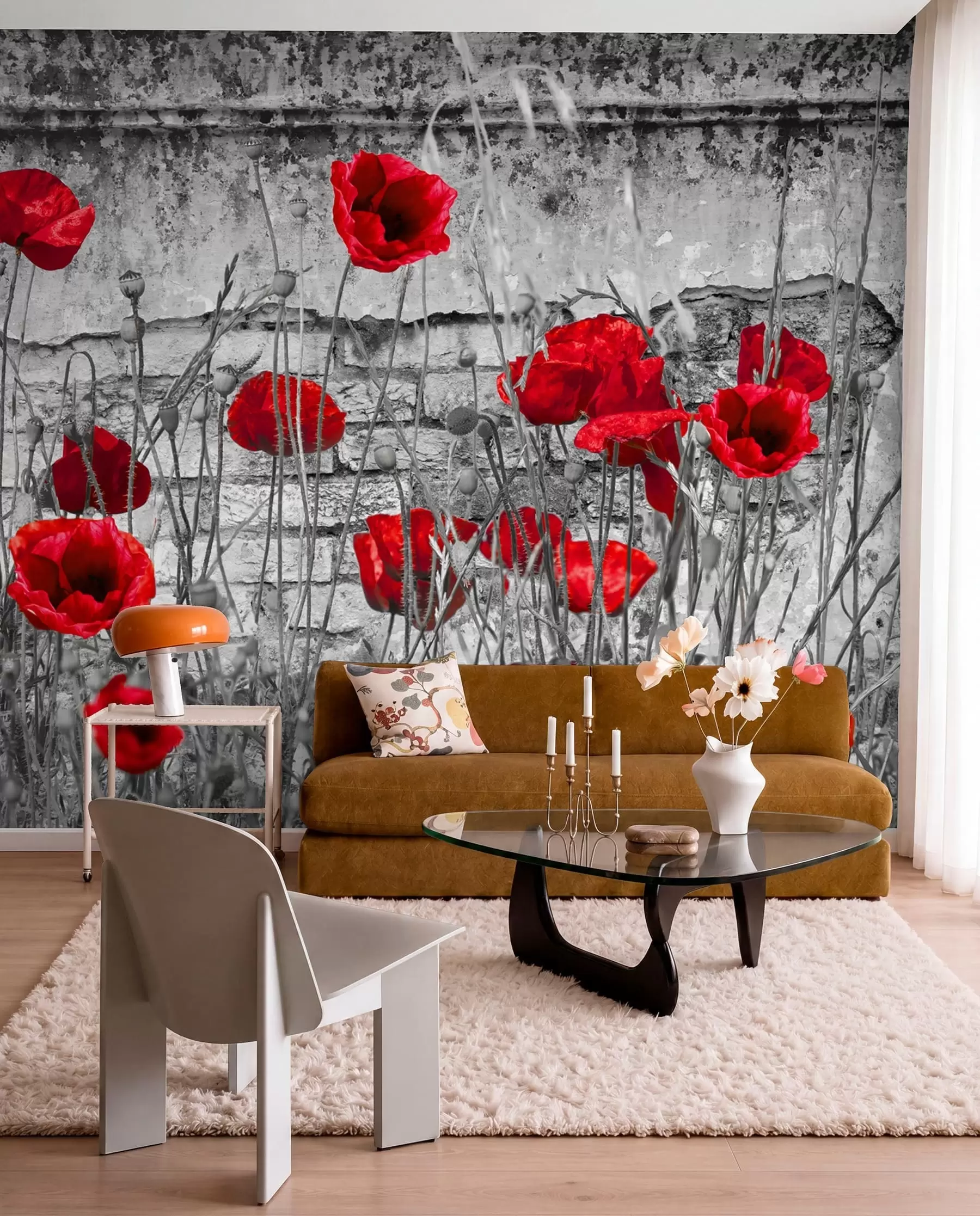 Fototapete Helle Mohnblumen auf dem Hintergrund der Wand u40552
