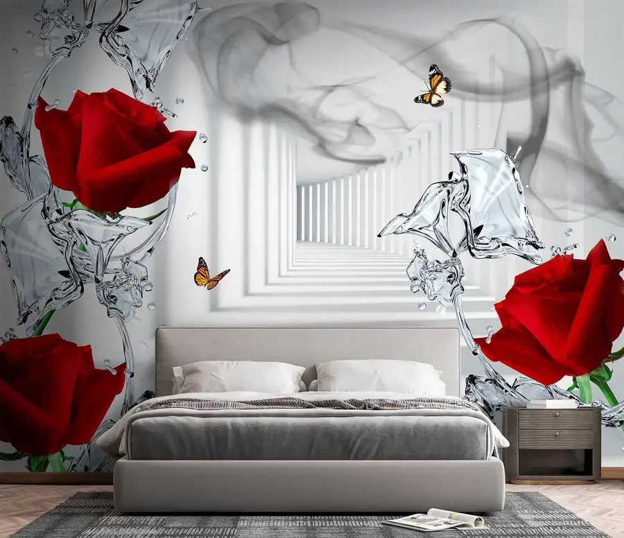 Murale Roses rouges et jets d'eau u41092