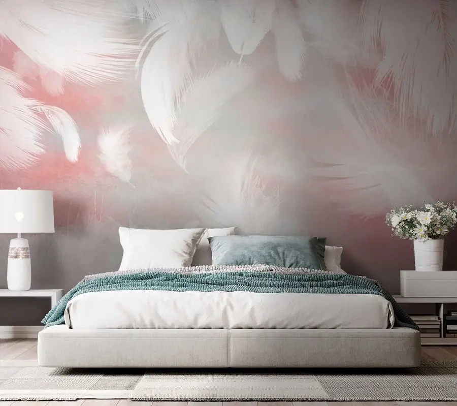 Murale Plumes blanches sur fond rose u41755