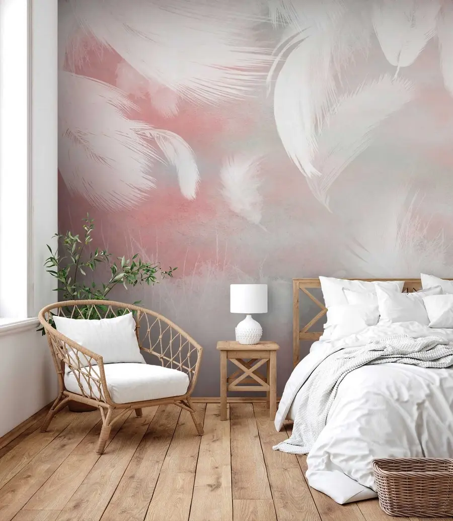 Fototapete Weiße Federn auf rosa Hintergrund u41755