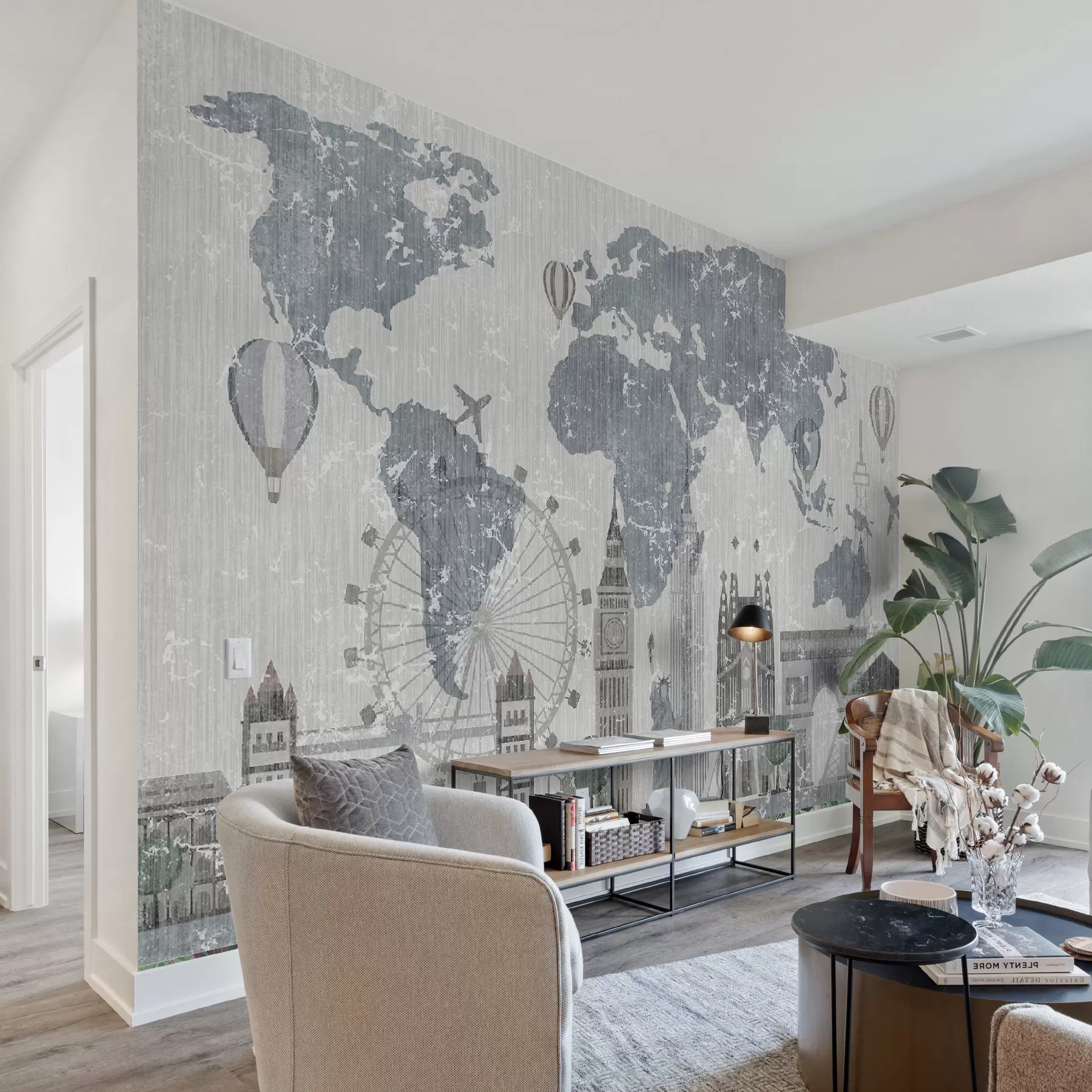 Murale Carte du monde en nuances de gris u53138