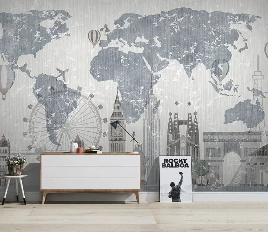 Murale Carte du monde en nuances de gris u53138