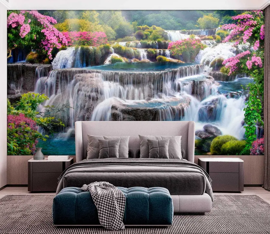 Fototapete Wasserfall und blühende Bäume u60065