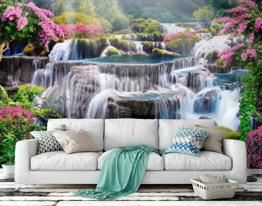 Fototapete Wasserfall und blühende Bäume u60065