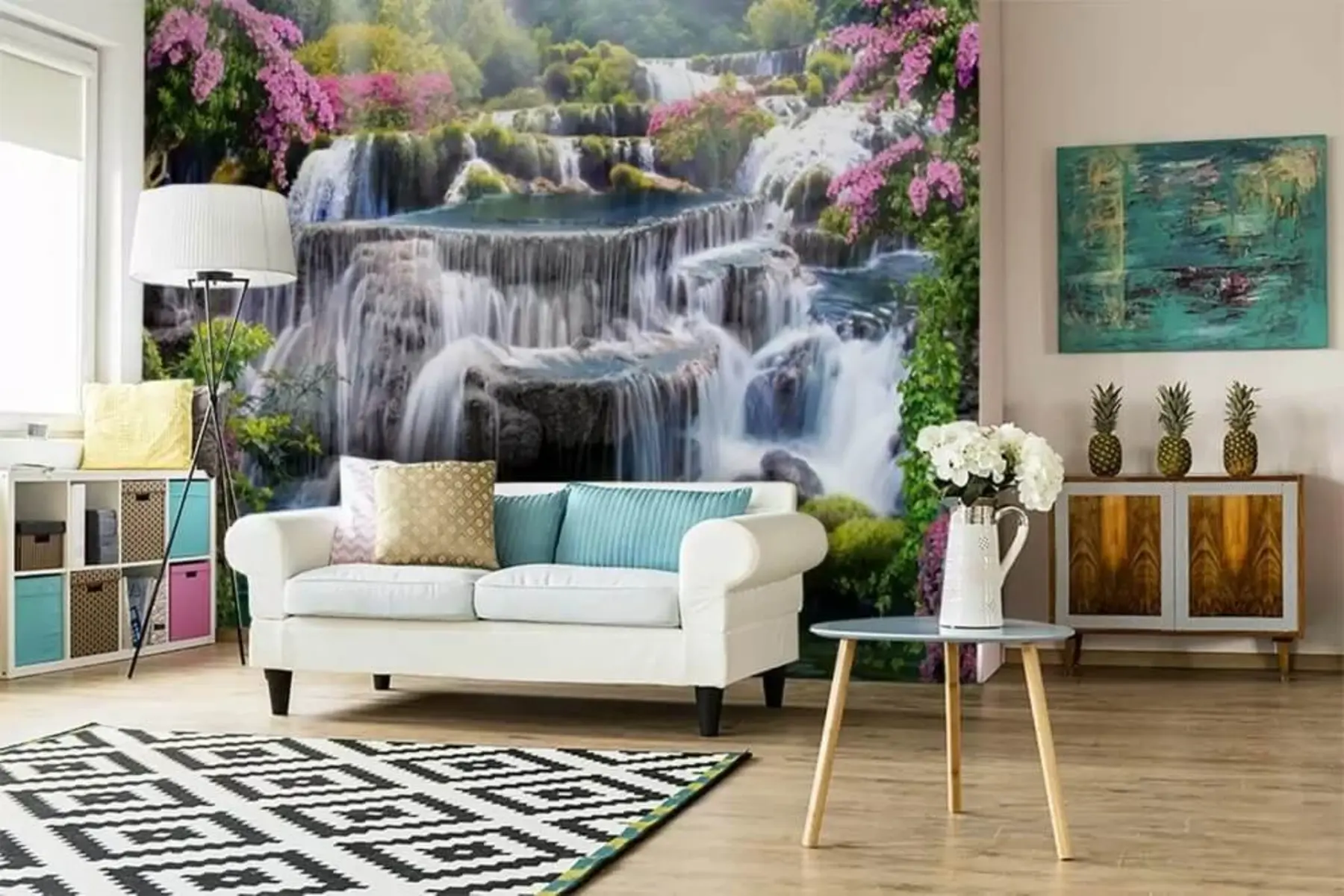 Fototapete Wasserfall und blühende Bäume u60065