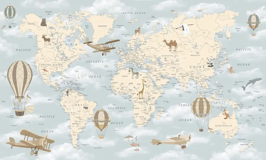 Murale Carte du monde pour enfants avec des avions u60135