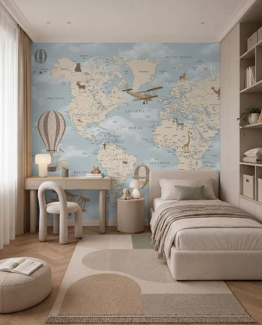 Murale Carte du monde pour enfants avec des avions u60135