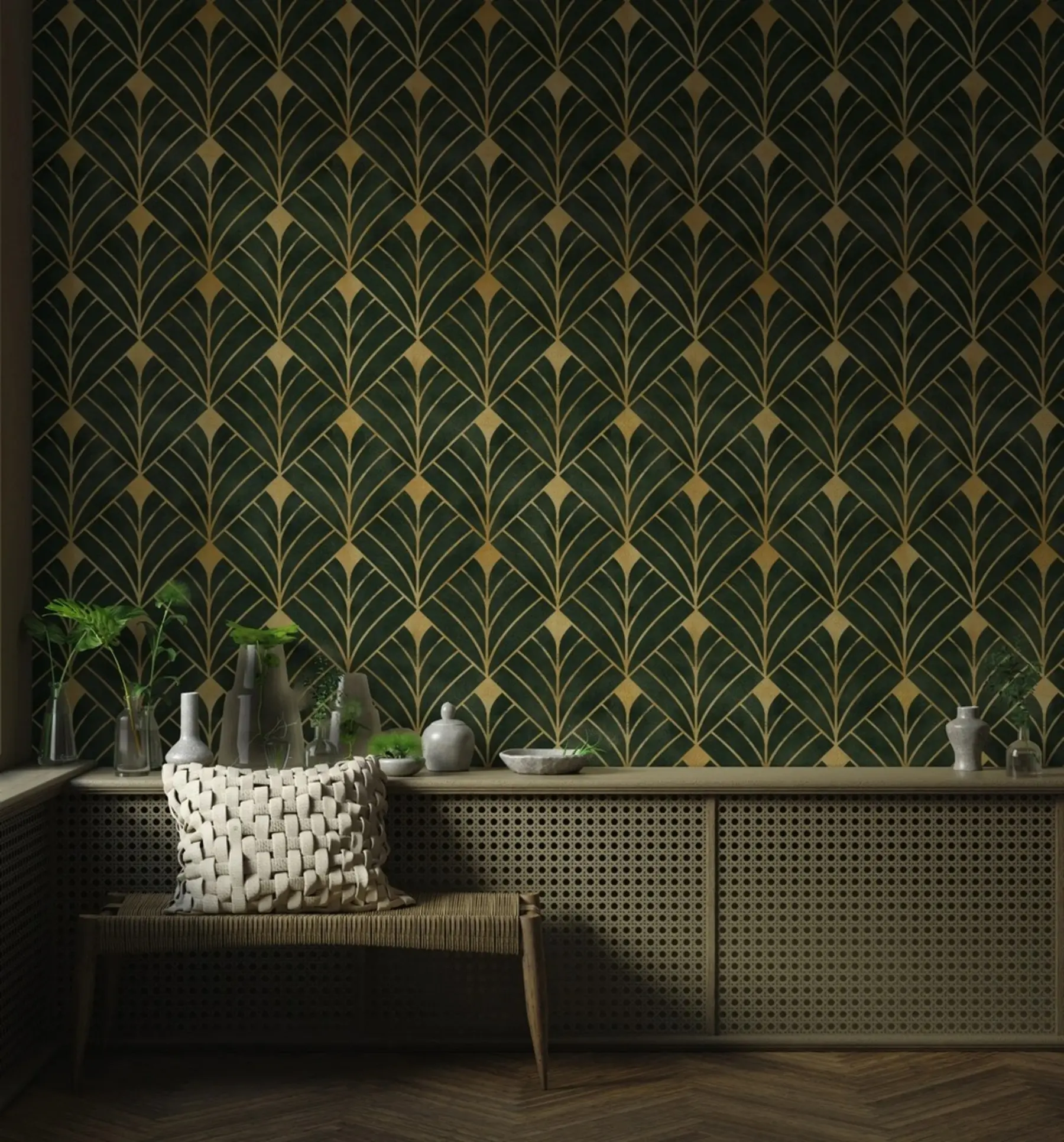 Murale Motif géométrique sur fond émeraude u71347