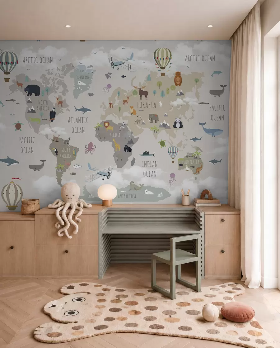 Murale Carte du monde avec animaux et ballons u96461d1
