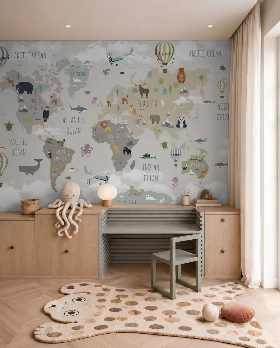 Murale Carte du monde avec animaux et ballons u96461d2