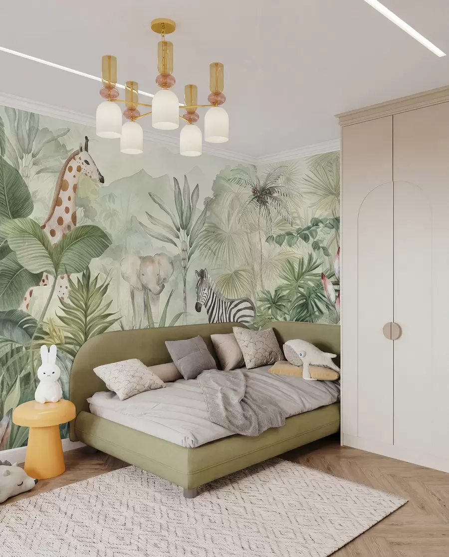 Murale Jungle forestière, palmiers, girafe, éléphant, zèbre, aquarelle, verdure, bananier, fleurs w00089