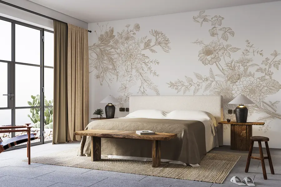 Fototapete Florales Ornament, Minimalismus, Linienkunst, Boho-Stil, rustikal, Pfingstrose, Gänseblümchen, beige Farben, Wiese w00381v4