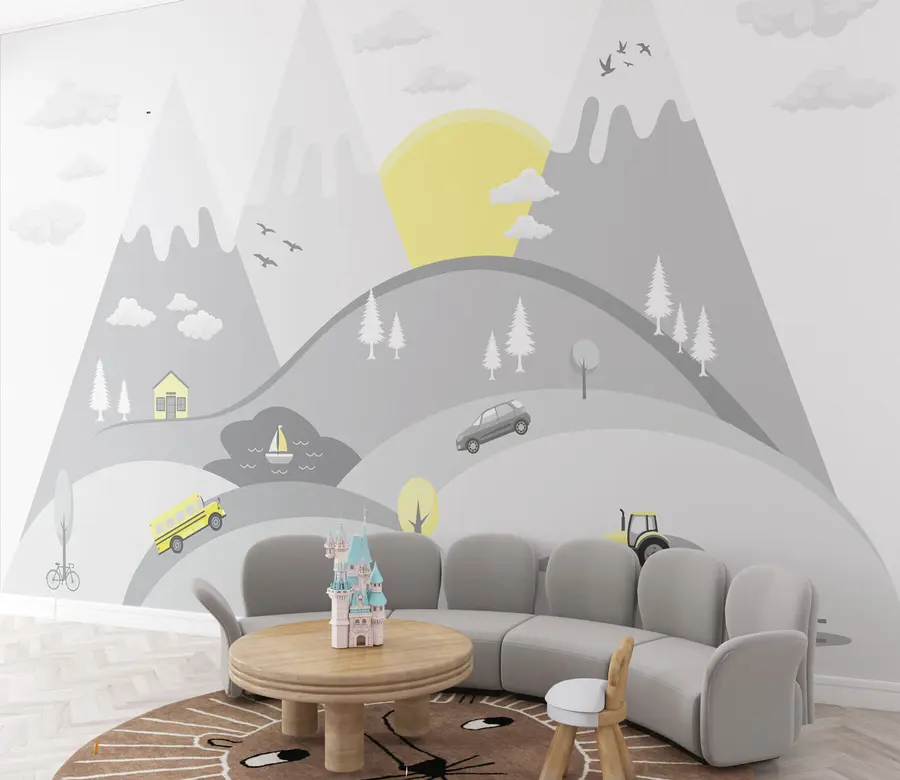 Fototapete Berge, Sonne und Autos fürs Kinderzimmer w00219