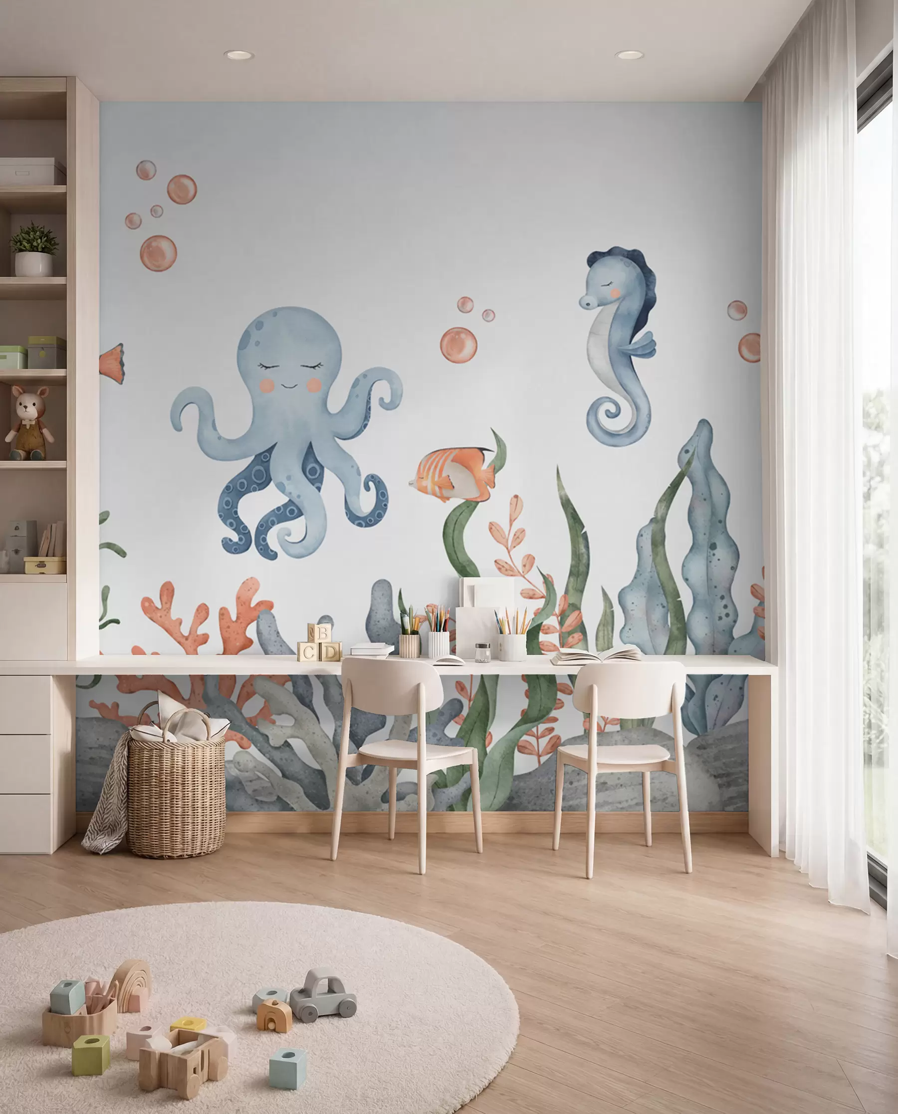 Murale Monde sous-marin avec baleine, poulpe, tortue w00383