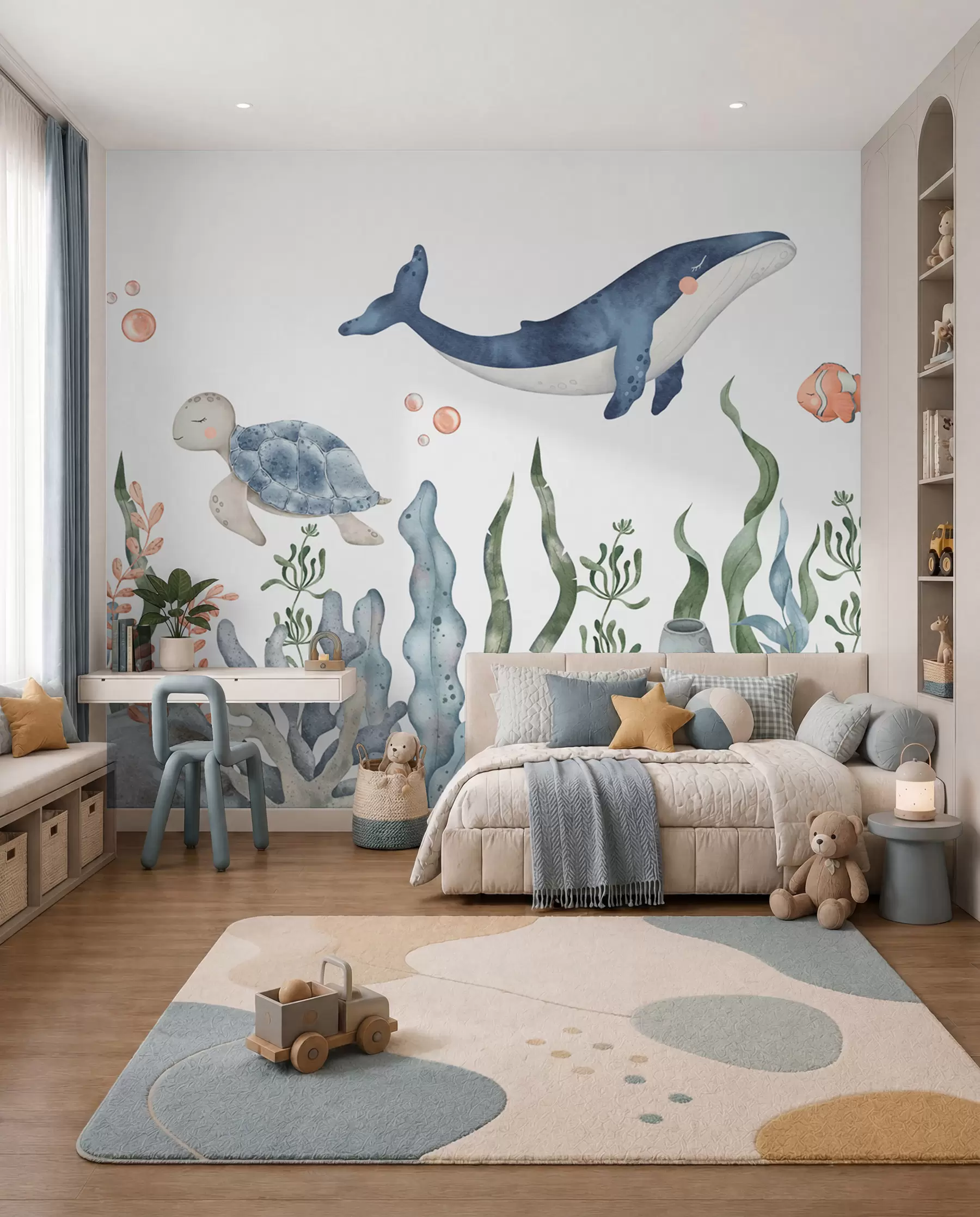 Murale Monde sous-marin avec baleine, poulpe, tortue w00383