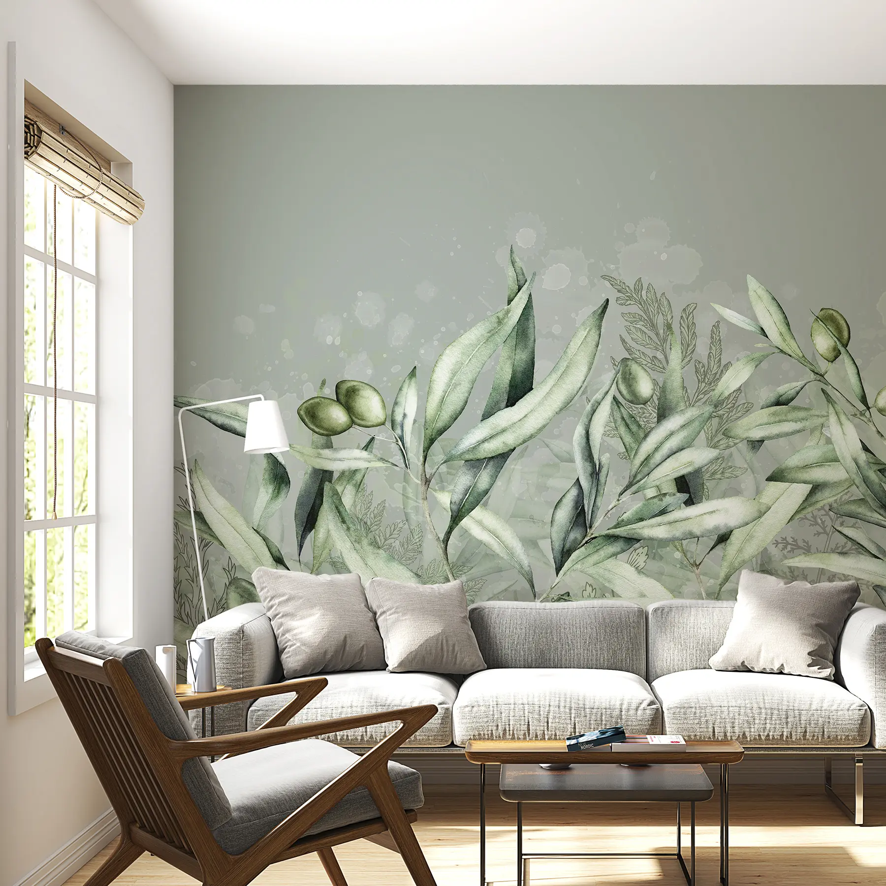 Fototapete Oliven-Illustration, Blumendesign, tropisch, Aquarell, große Blätter, grüne Farben w00407