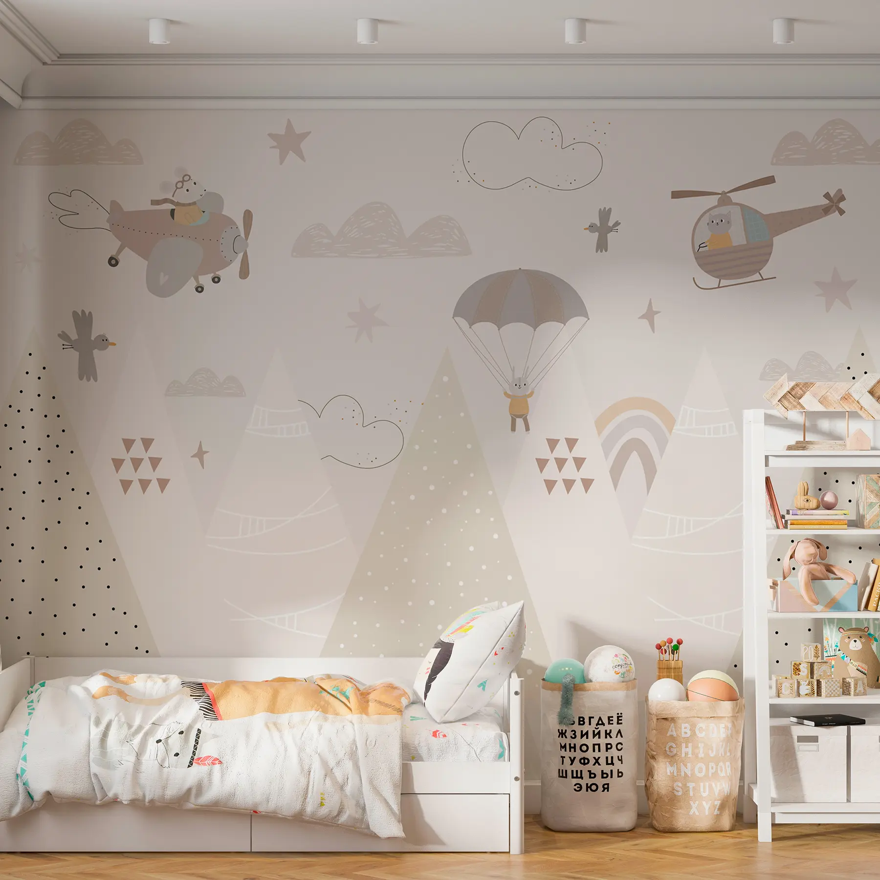 Fototapete Beige Berge mit Hubschrauber, Flugzeug und Tieren w00414