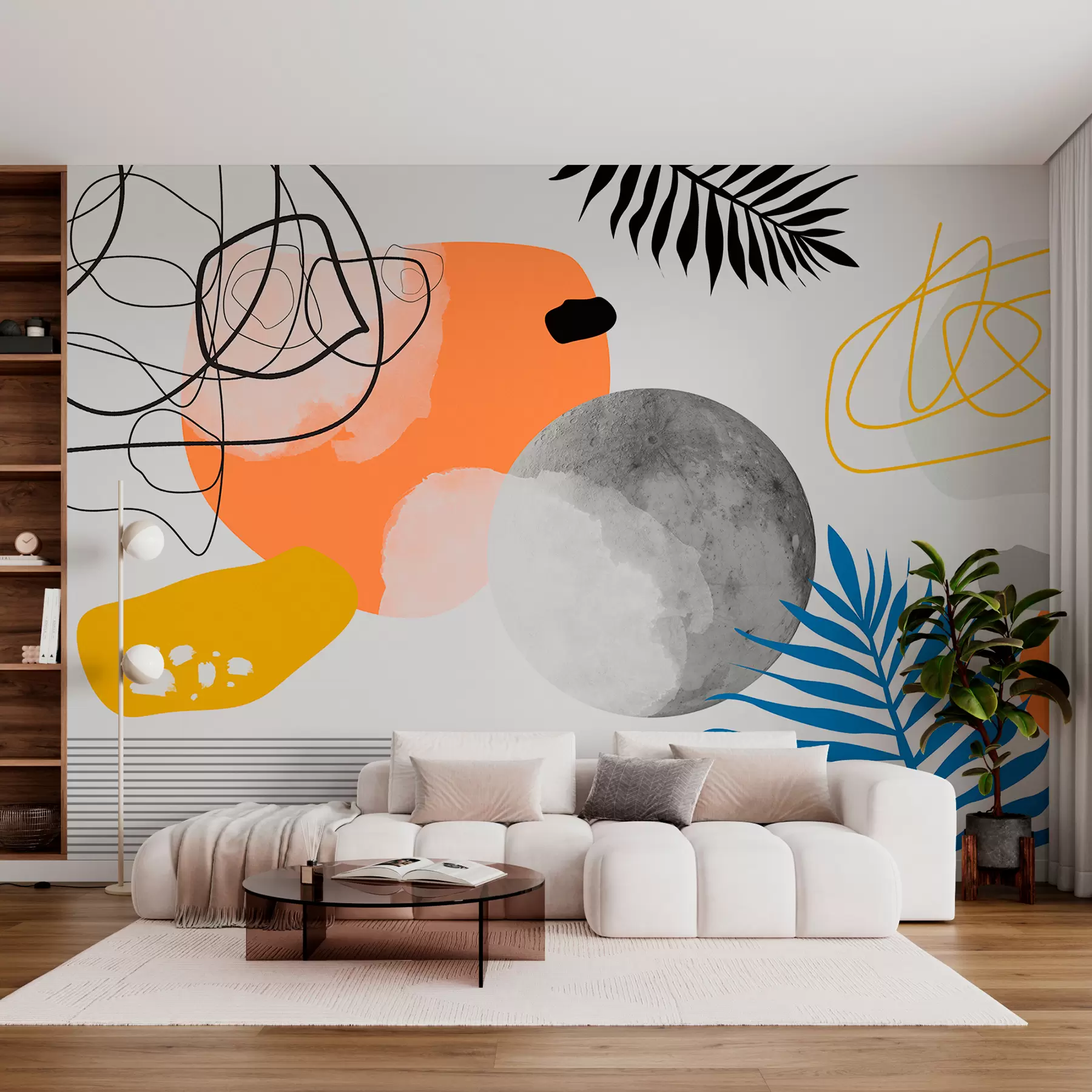 fototapeter Abstrakt moderne, minimalisme, boho, geometri, akvarelpletter, fuldmåne, palmebladssilhuet, topografi, indviklethed, orange, gul, grå w00508