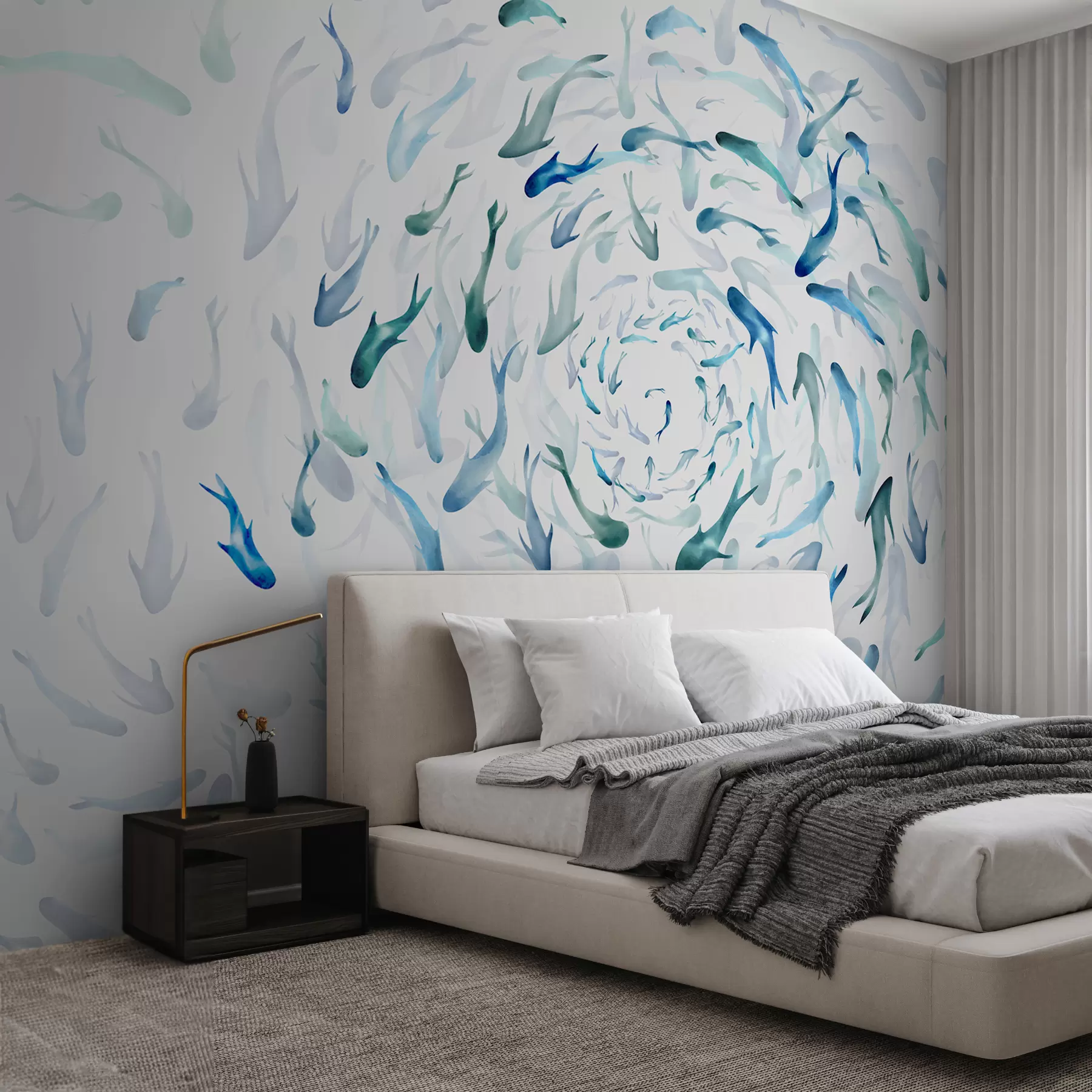 Murale Poisson tourbillonnant dans un bain à remous, danse du poisson, aquarelle, requin, composition abstraite, minimalisme, bleu, couleur verte w00510