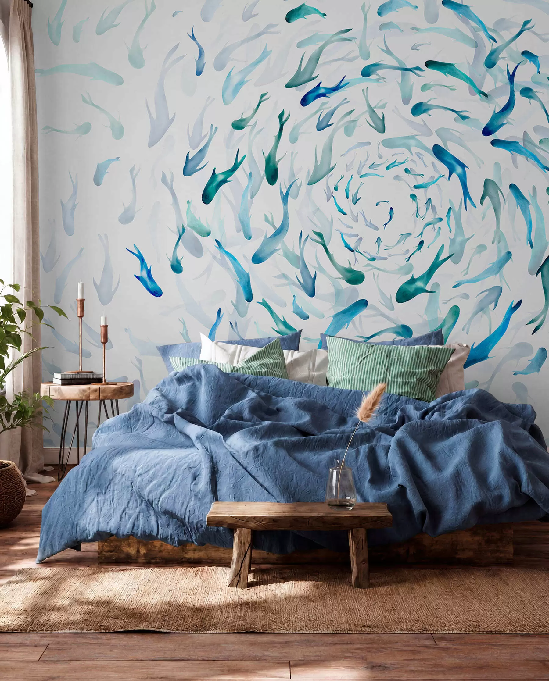 Fototapete Wirbelnde Fische in einem Strudel, Fischtanz, Aquarell, Hai, abstrakte Komposition, Minimalismus, blaue, grüne Farbe w00510