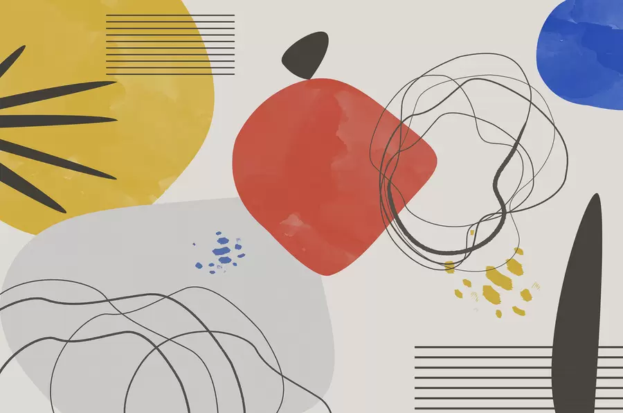 fototapeter Abstraktion moderne, lyspunkt, boho, geometri, topografi, kurver, linjer, rød, gul, blå, sort w00514