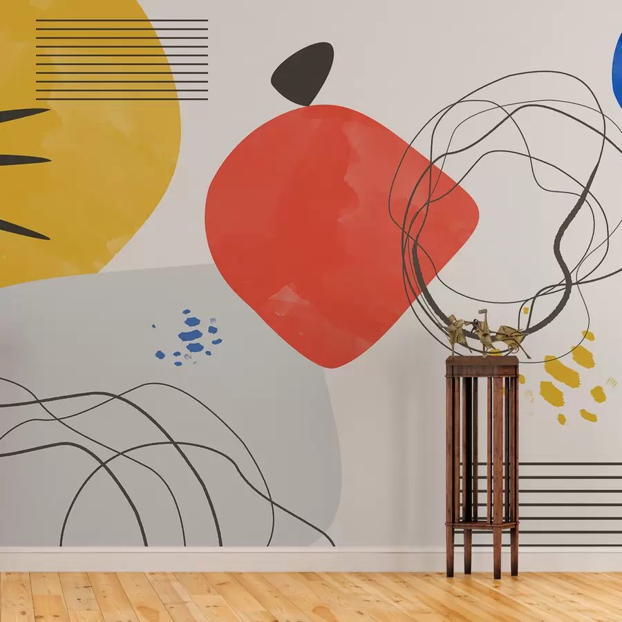 fototapeter Abstraktion moderne, lyspunkt, boho, geometri, topografi, kurver, linjer, rød, gul, blå, sort w00514