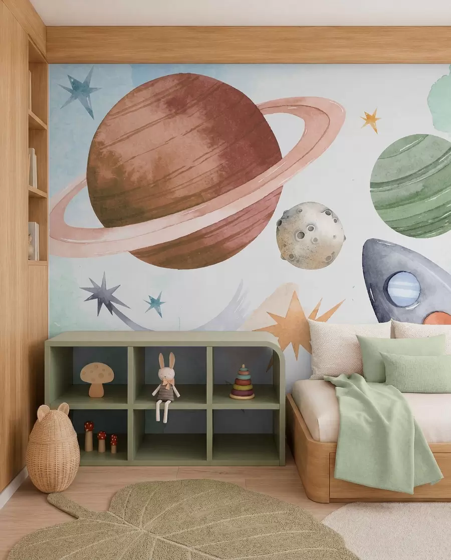 Murale Une illustration colorée représentant diverses planètes et aquarelle spatiale w00539