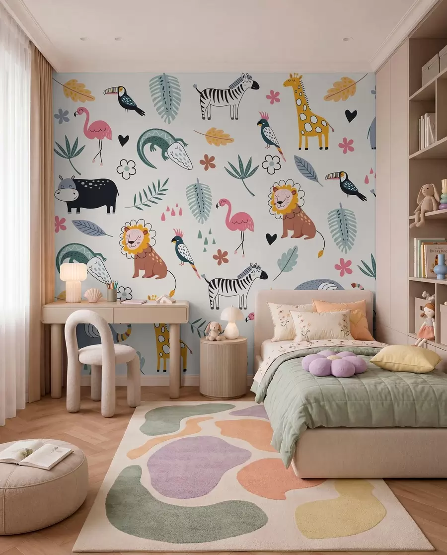 Murale animaux, lions, girafes, éléphants, feuilles, chambre bébé w00555
