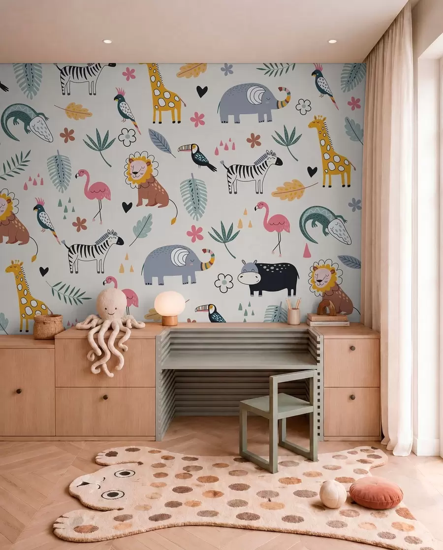 Fototapete Tiere, Löwen, Giraffen, Elefanten, Blätter, Babyzimmer w00555