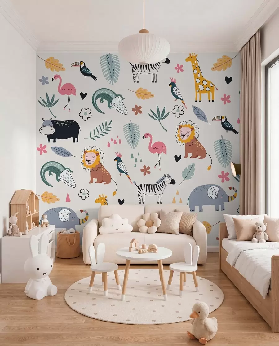 Fototapete Tiere, Löwen, Giraffen, Elefanten, Blätter, Babyzimmer w00555