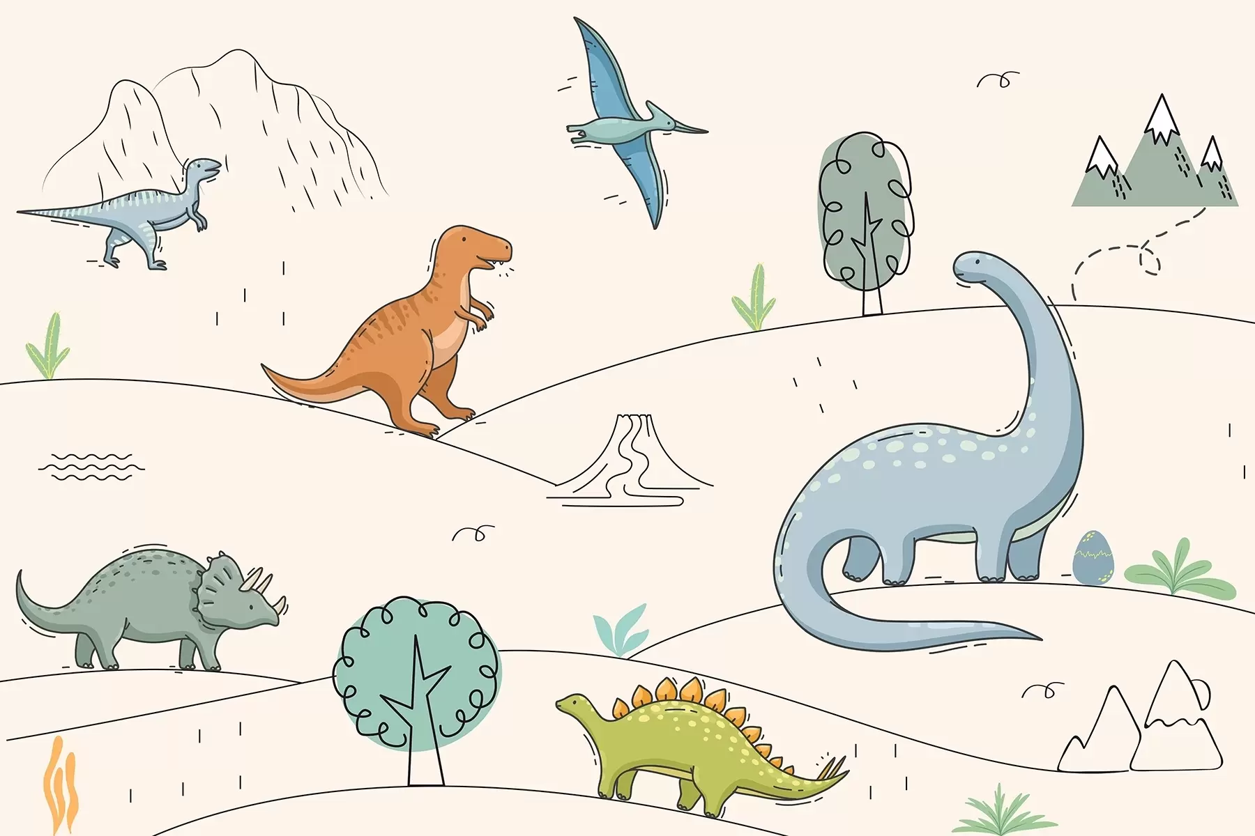 fototapeter Farverige dinosaurer på bakkerne w00637