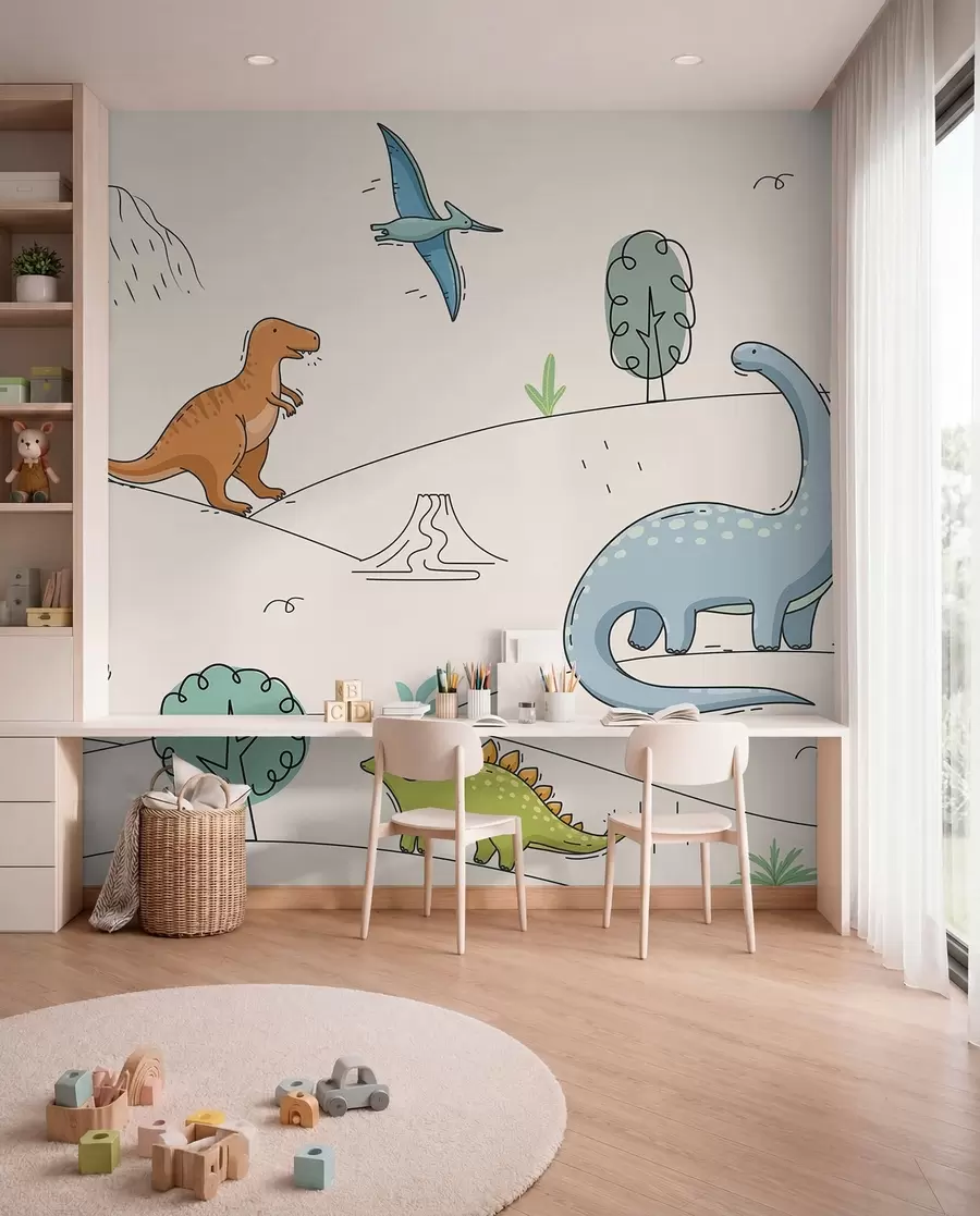 Murale Dinosaures colorés sur les collines w00637