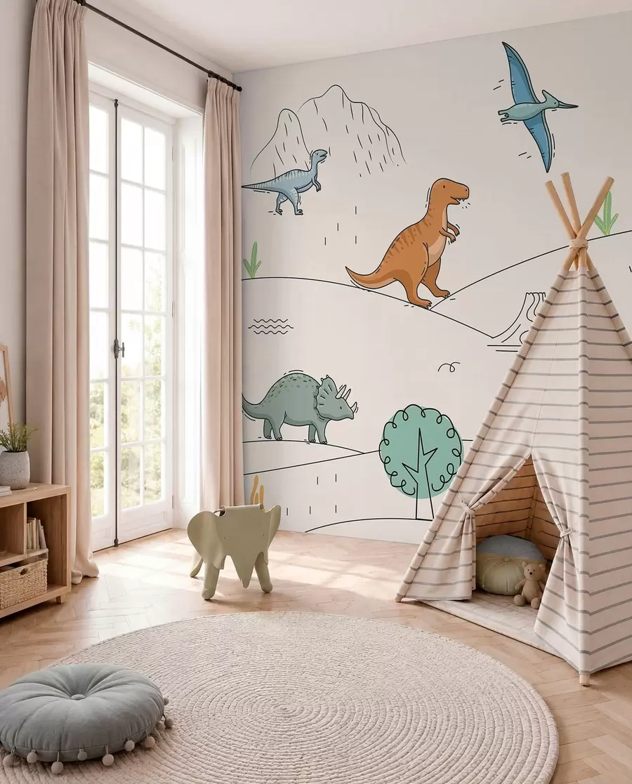 Fototapete Bunte Dinosaurier auf den Hügeln w00637