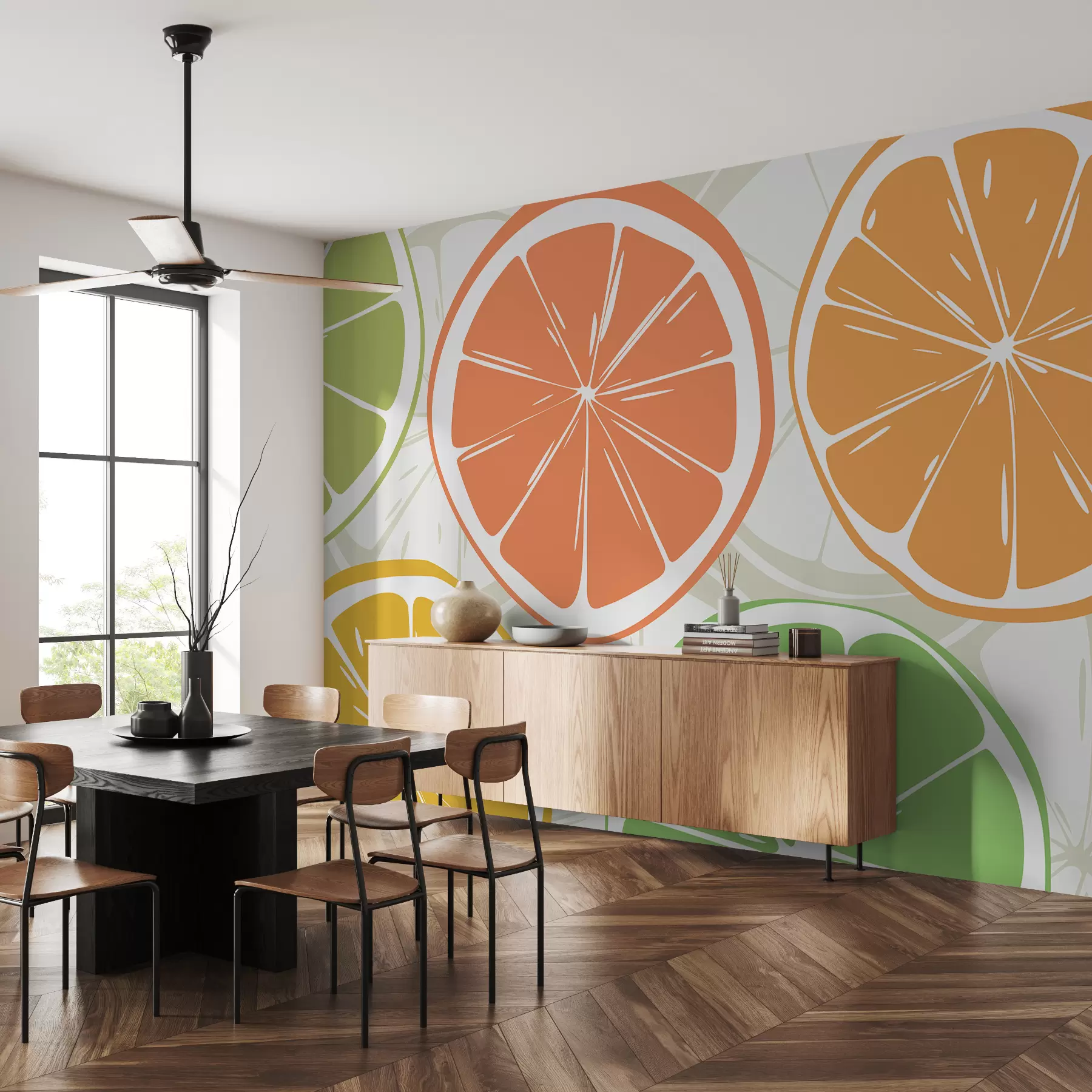 fototapeter Citrusfrugter, appelsin, lime, grapefrugtskiver, plet, abstraktion, frugt, rød, orange, grøn w00725