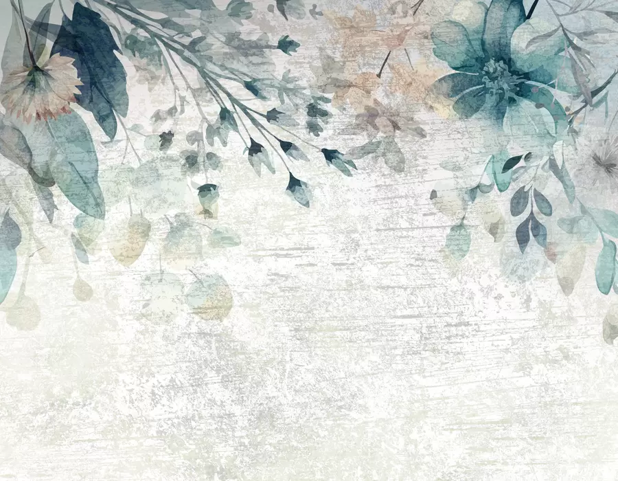 Fototapete Große blaue und weiße Blumen, Blätter und Zweige vor einer strukturierten Wand w00697