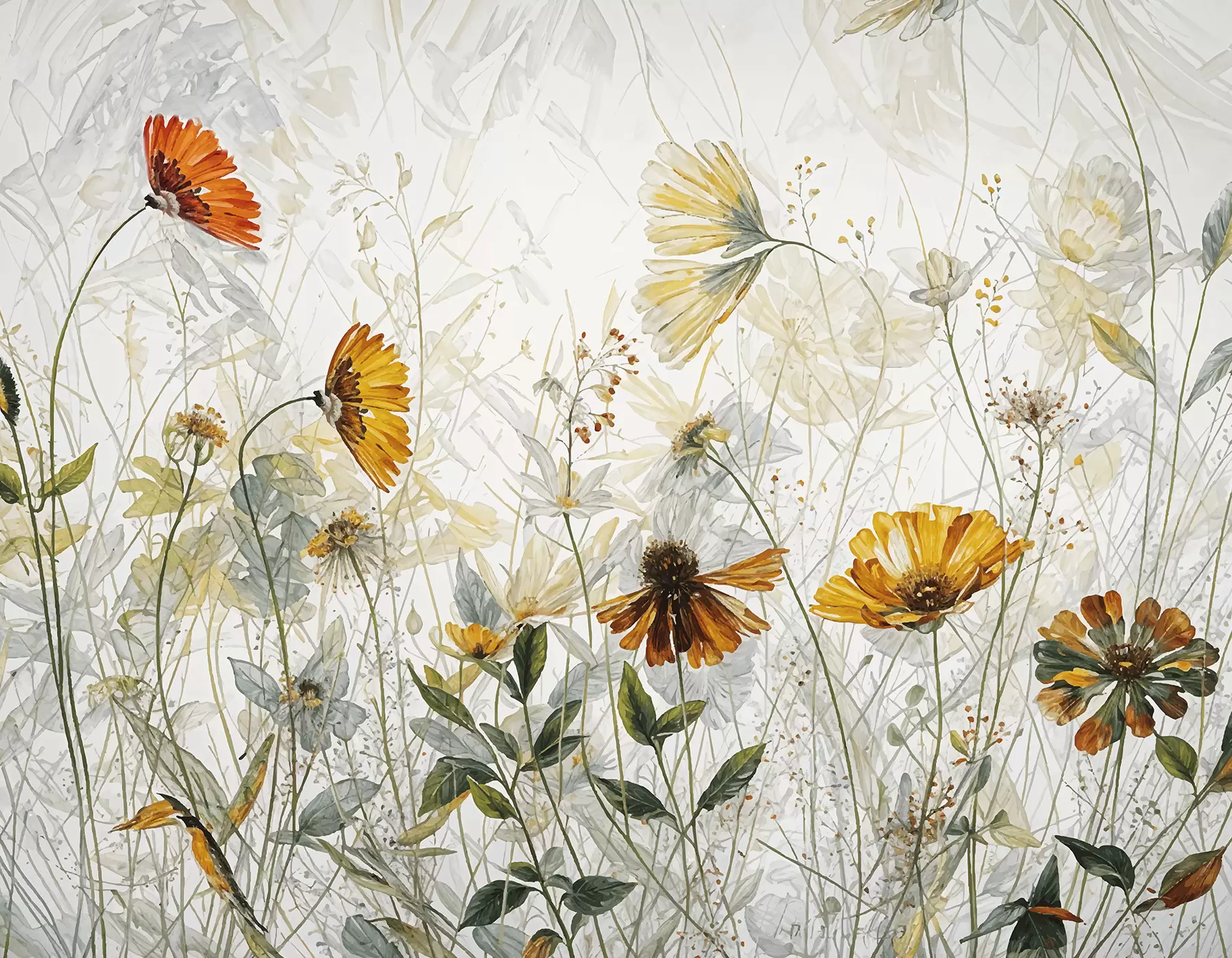 fototapeter Et felt med levende blomster mod en blød, diset baggrund med sarte hvide blomster og tjavset græs w00708