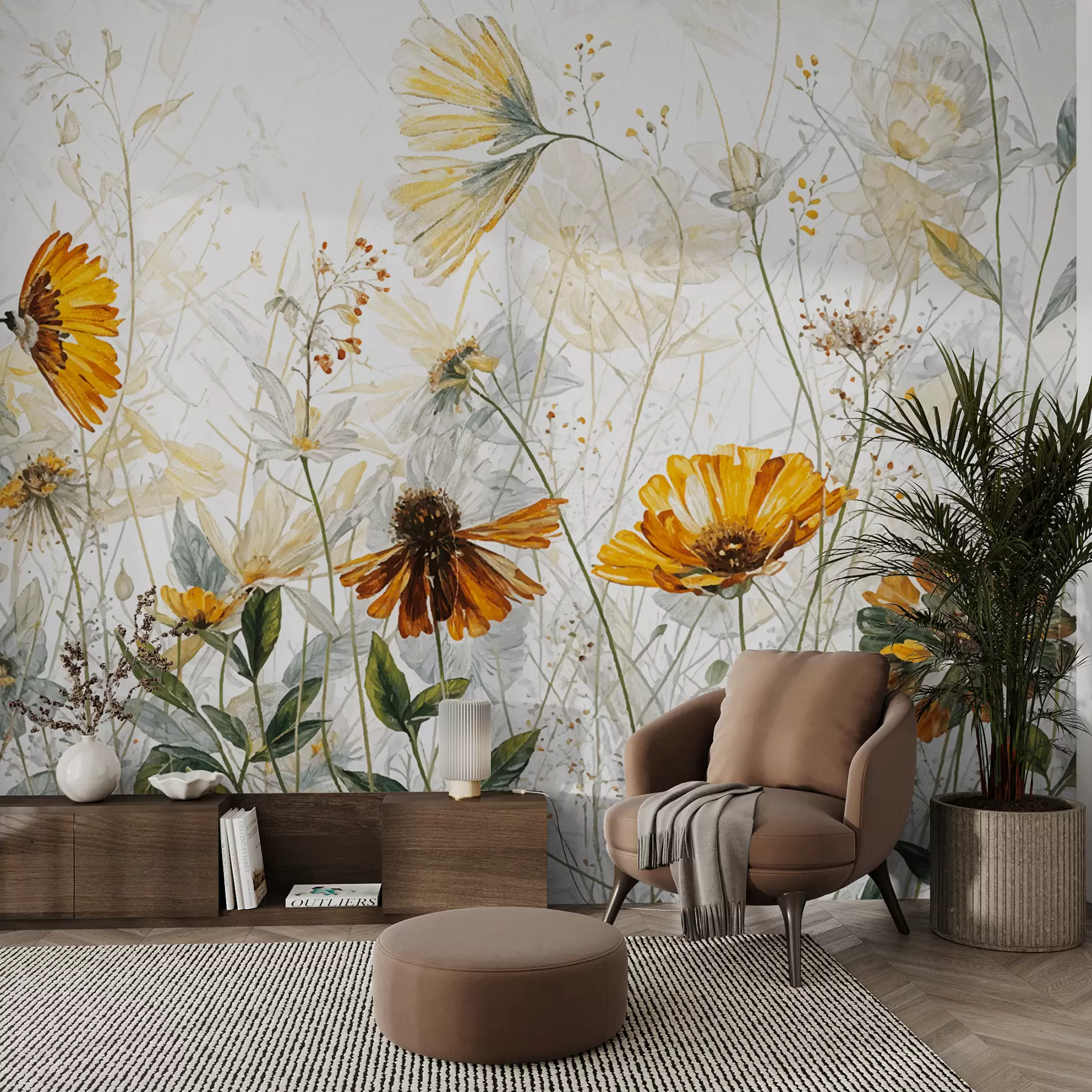 Murale Un champ de fleurs éclatantes sur un fond doux et brumeux avec de délicates fleurs blanches et de l'herbe vaporeuse w00708