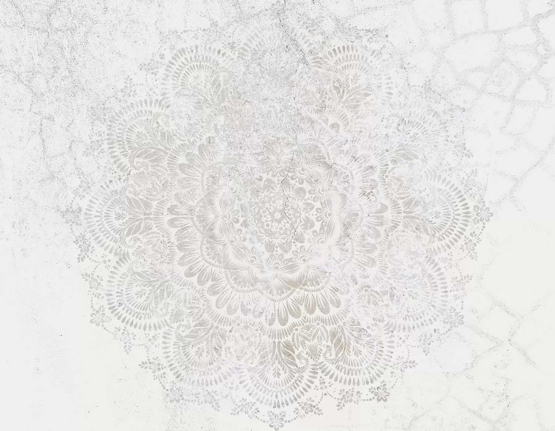 Murale Mandala, motif de dentelle blanche avec des motifs floraux et circulaires, créant un design délicat et complexe w00737
