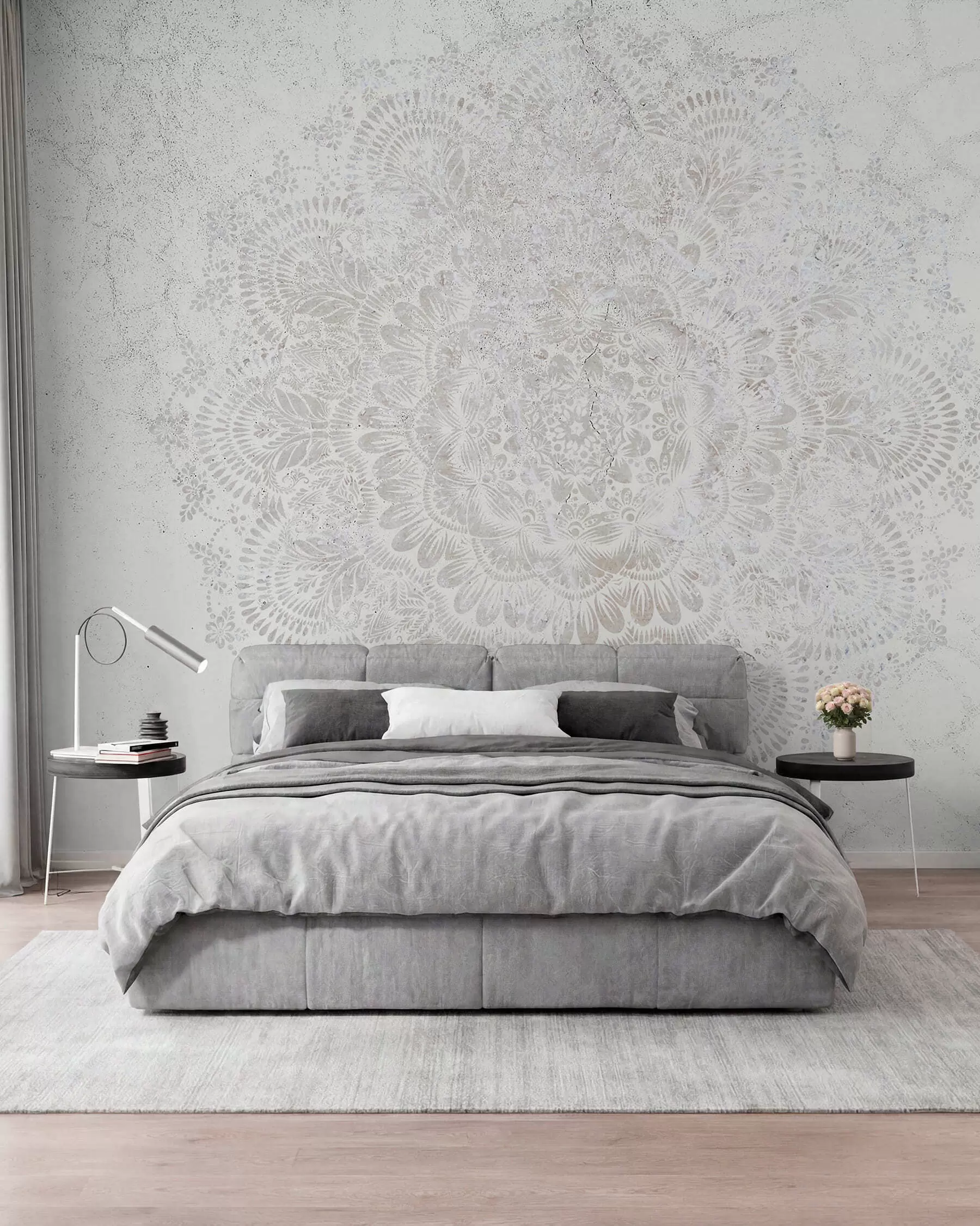 fototapeter Mandala, hvidt blondemønster med blomster og cirkulære motiver, der skaber et delikat og indviklet design w00737