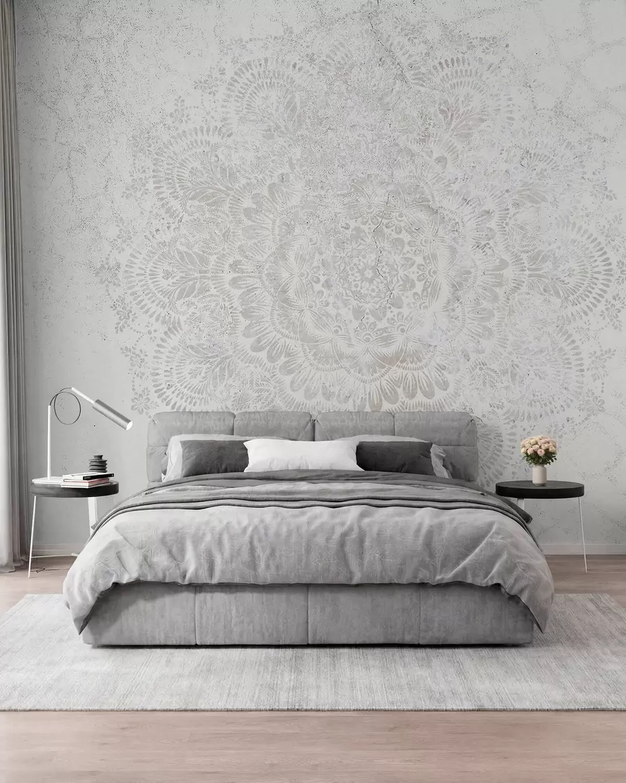 fototapeter Mandala, hvidt blondemønster med blomster og cirkulære motiver, der skaber et delikat og indviklet design w00737