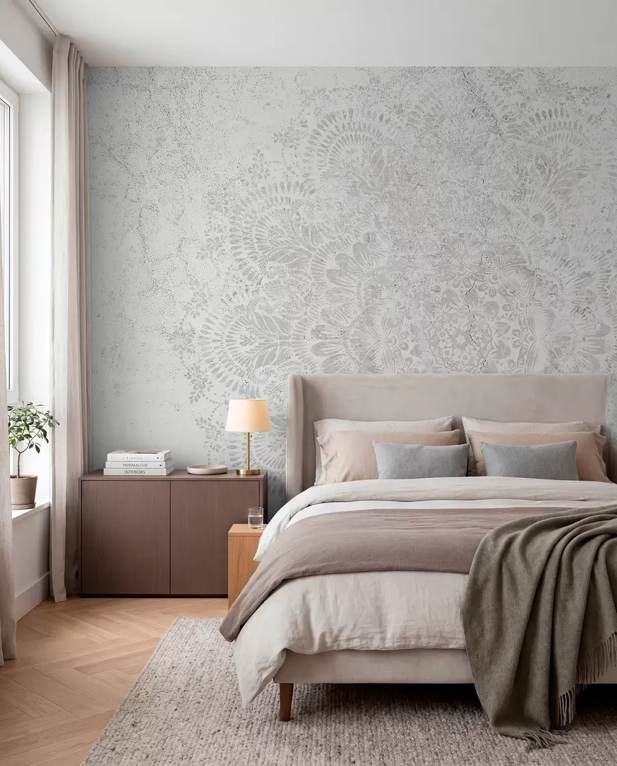 fototapeter Mandala, hvidt blondemønster med blomster og cirkulære motiver, der skaber et delikat og indviklet design w00737