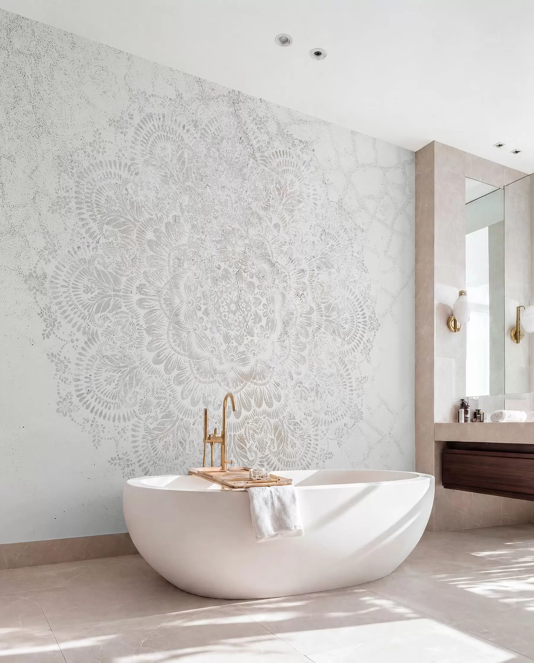 fototapeter Mandala, hvidt blondemønster med blomster og cirkulære motiver, der skaber et delikat og indviklet design w00737